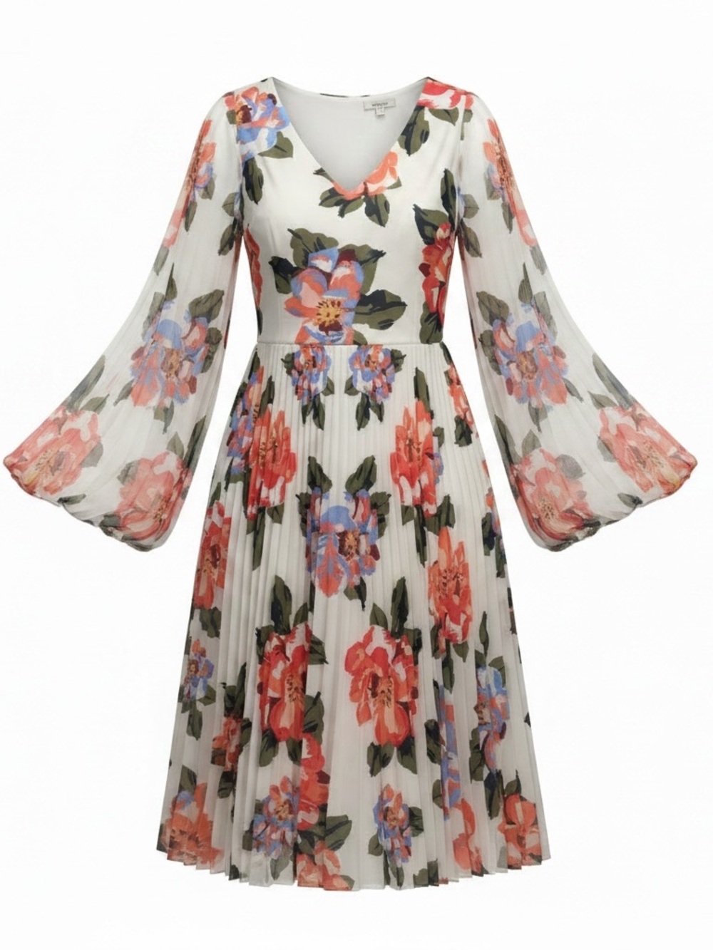 Lane Bryant White Floral V-Neck Pleated Midi Dress with Coral & Blue Blooms